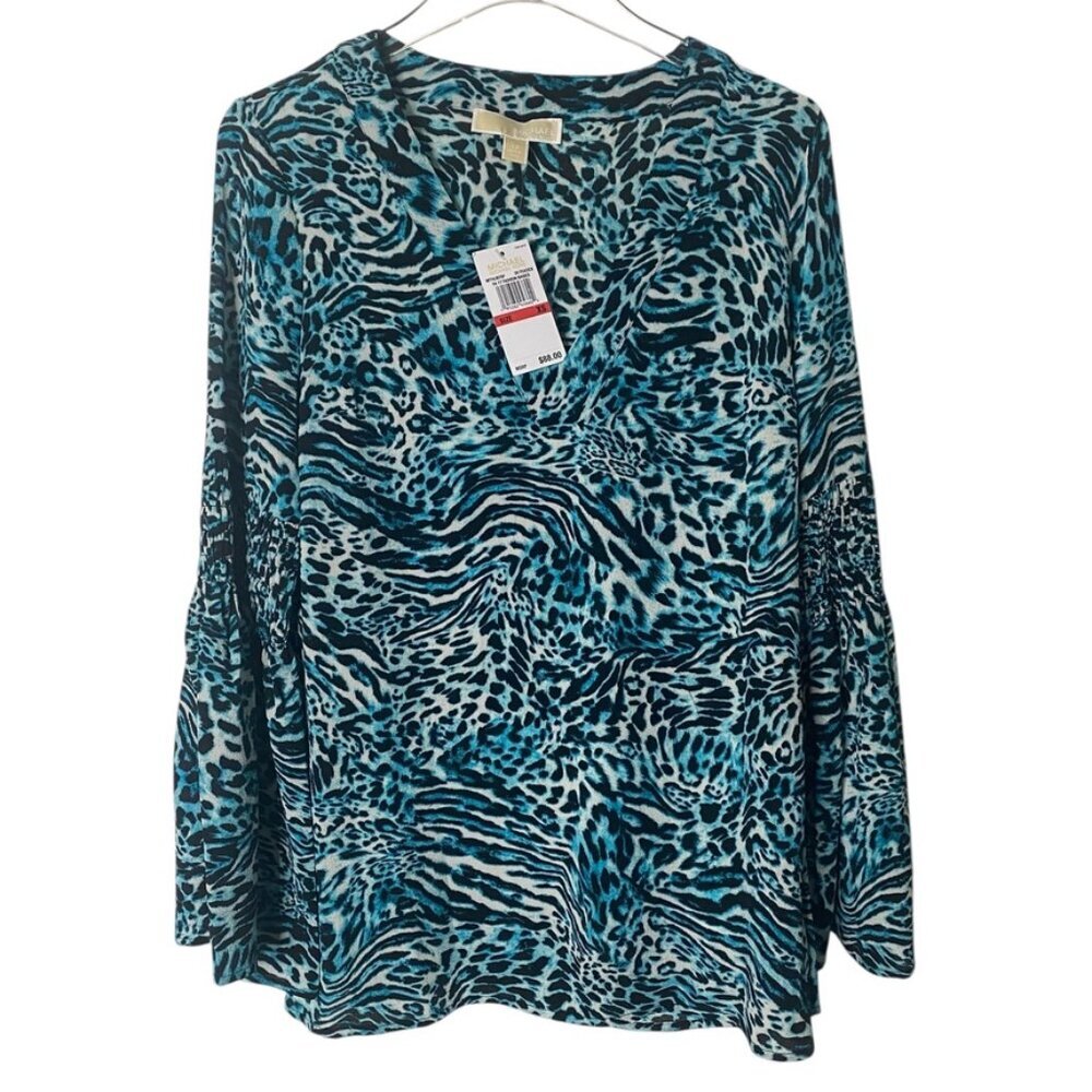 Michael Kors blouse bell sleeves size XS black blue long sleeve V Neck tunic NWT